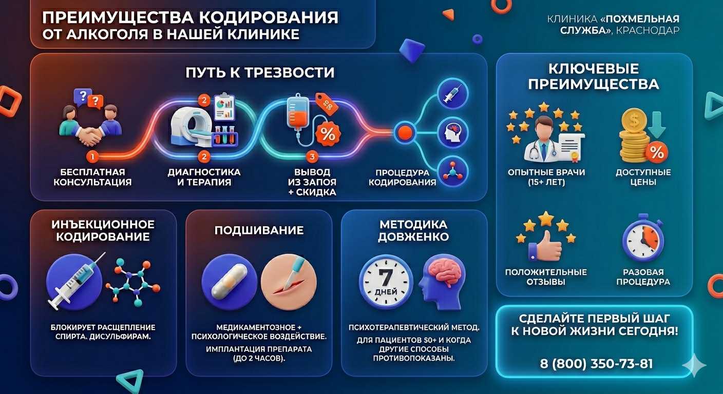 Инфографика о методах кодирования от алкоголя в Красном Чикое: инъекции, подшивание, метод Довженко. Преимущества клиники и этапы лечения.